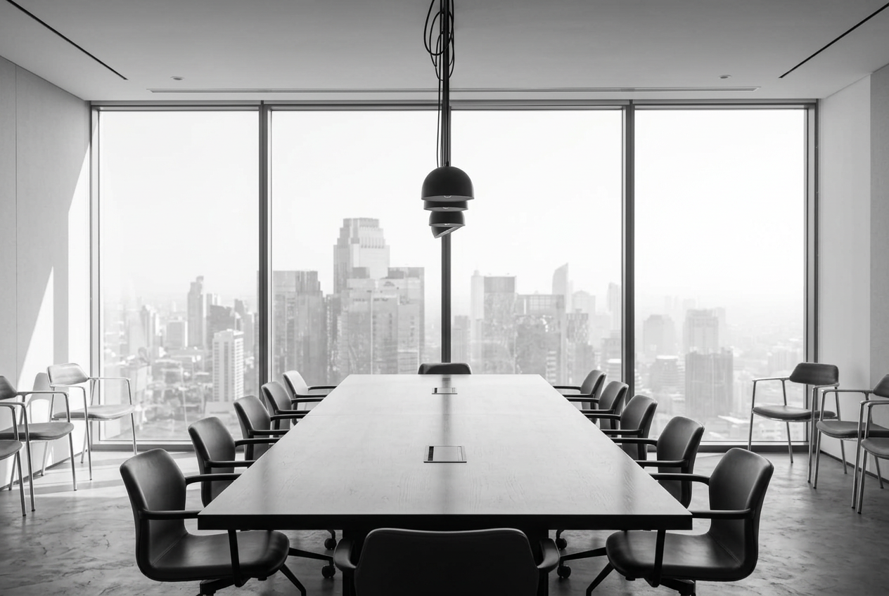 Bright boardroom with floor-to-ceiling windows overlooking the city